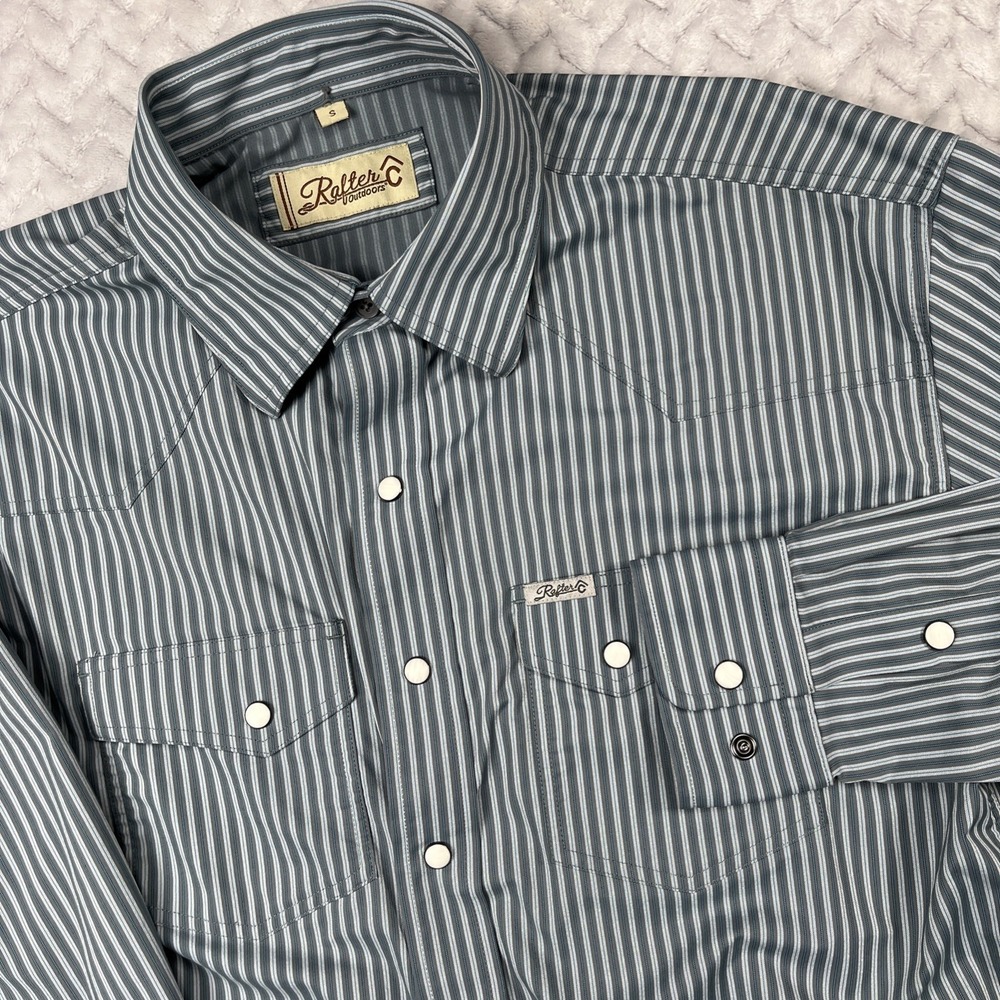 Rafter C Outdoors Performance Long Sleeve Pearl Snap Shirt Mens S Grey Stripe